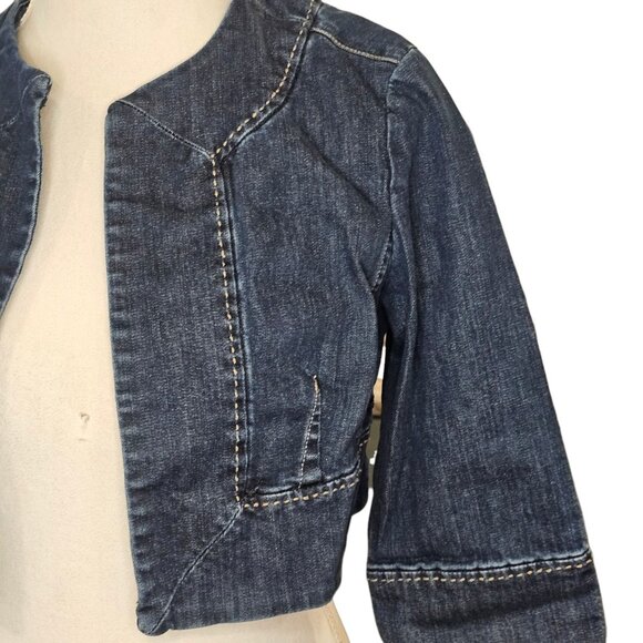 Y2K Womens Blue Jean‎ Cropped Bolero Jean Jacket Sz 8 Stretch Open Front Retro - Picture 4 of 9